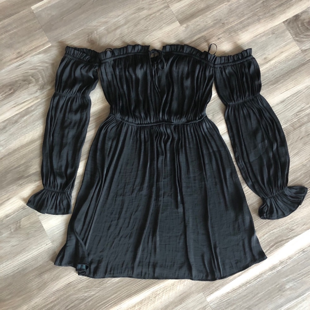 F21 Black Ruffled Off Shoulder Satin Mini Dress